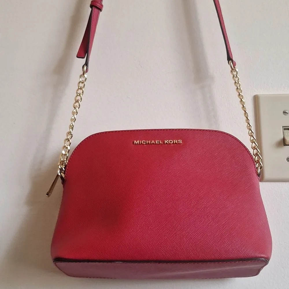Michael Kors Large Red Saffiano Dome Crossbody Gold Hardware